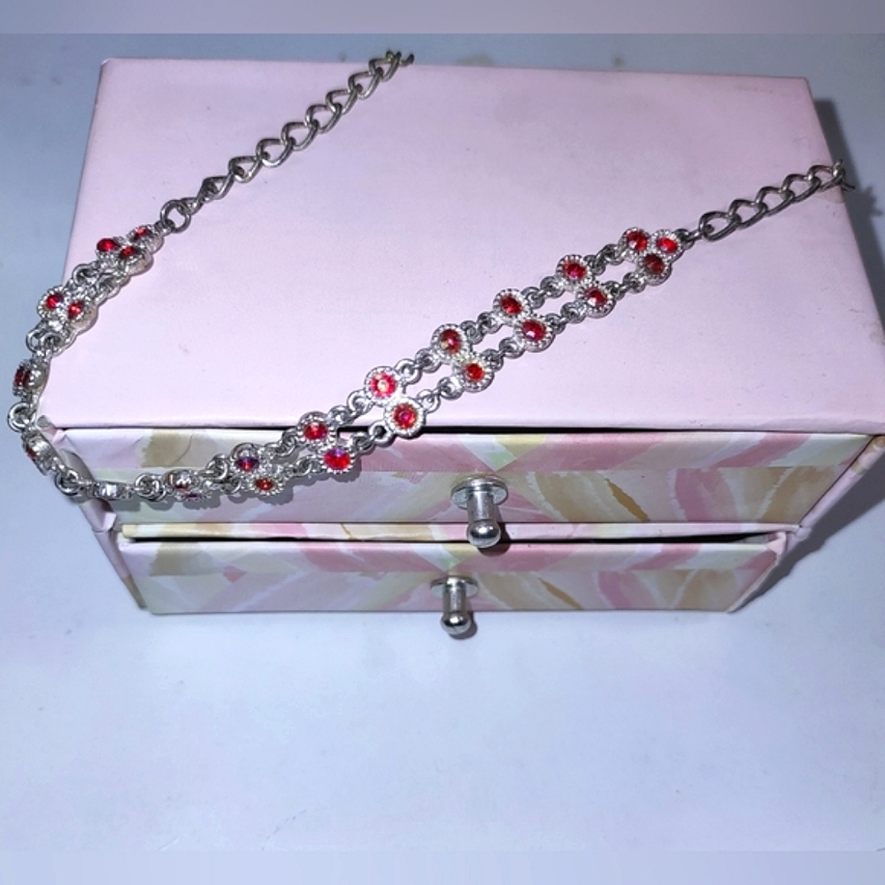 Red Siam Choker Necklace Double Row Rhinestones